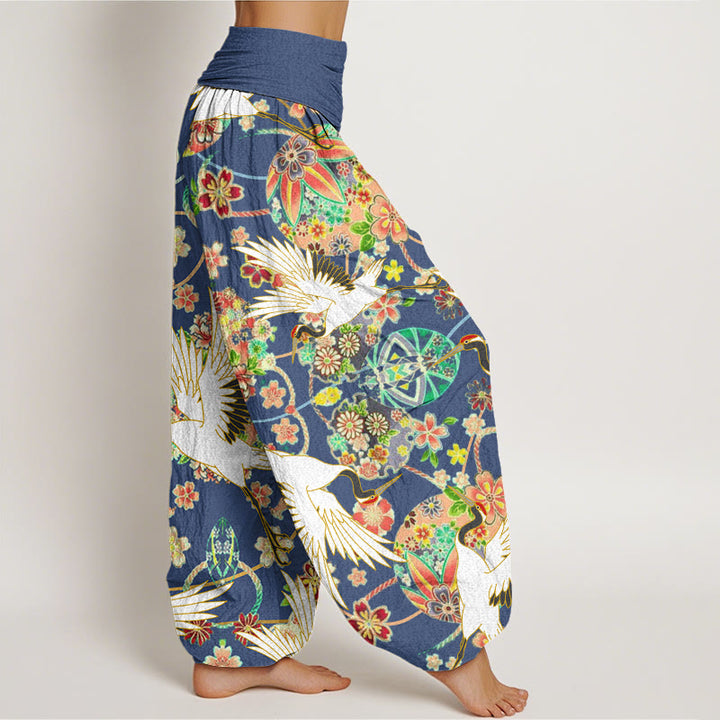 Pantalón tipo harem de mujer con cintura elástica, estampado floral geométrico de grullas y Buddha Stones , de algodón, estilo casual. - image 2
