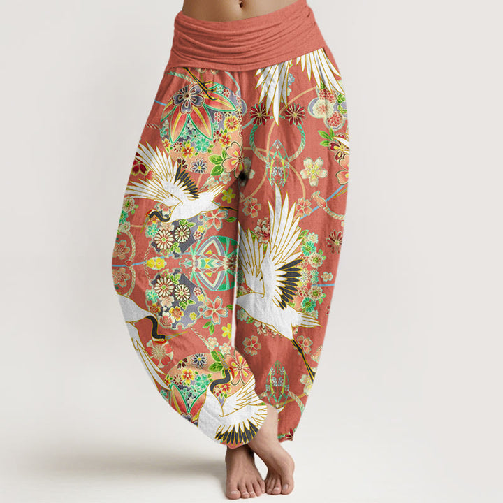 Pantalón tipo harem de mujer con cintura elástica, estampado floral geométrico de grullas y Buddha Stones , de algodón, estilo casual. - Naranja oscuro - US22，UK/AU26，EU54 (6XL) - image 4