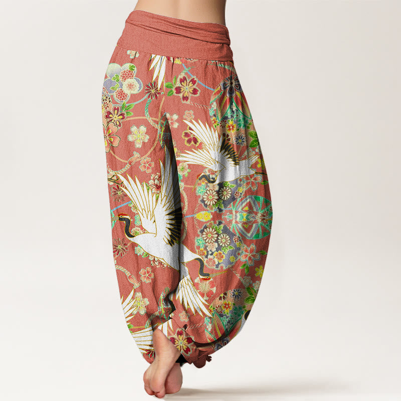 Pantalón tipo harem de mujer con cintura elástica, estampado floral geométrico de grullas y Buddha Stones , de algodón, estilo casual. - image 5