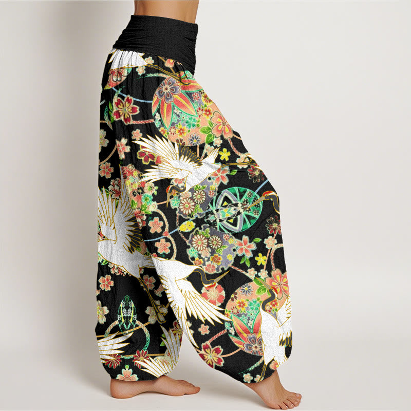 Pantalón tipo harem de mujer con cintura elástica, estampado floral geométrico de grullas y Buddha Stones , de algodón, estilo casual. - image 9