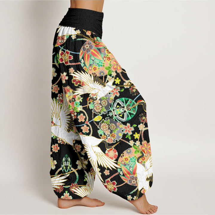 Pantalón tipo harem de mujer con cintura elástica, estampado floral geométrico de grullas y Buddha Stones , de algodón, estilo casual. - image 9