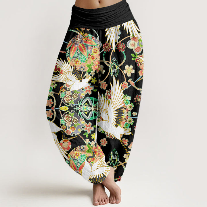 Pantalón tipo harem de mujer con cintura elástica, estampado floral geométrico de grullas y Buddha Stones , de algodón, estilo casual. - Negro - US22，UK/AU26，EU54 (6XL) - image 7
