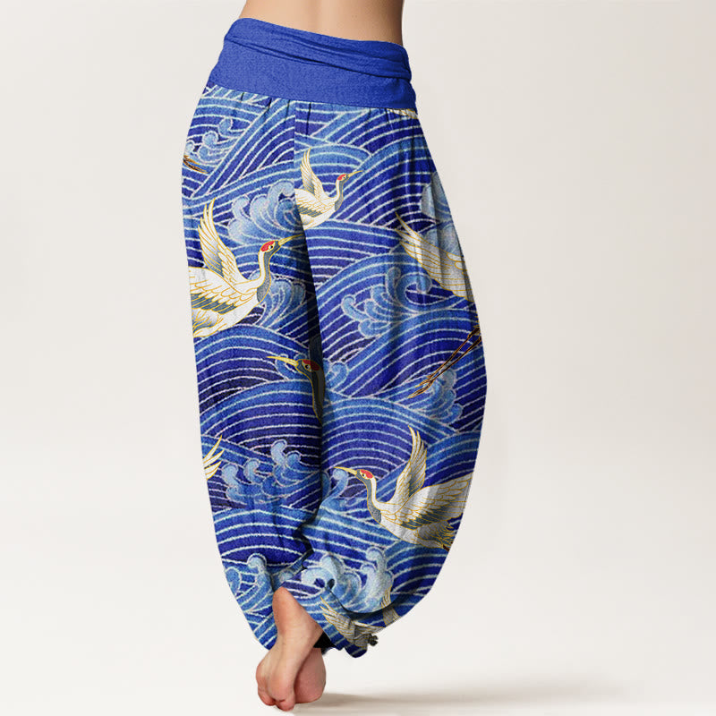 Pantalón tipo harem de mujer con cintura elástica, estampado informal de grullas y olas del océano, de algodón con Buddha Stones. - image 1
