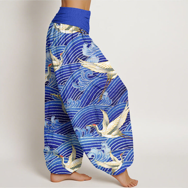 Pantalón tipo harem de mujer con cintura elástica, estampado informal de grullas y olas del océano, de algodón con Buddha Stones. - image 2