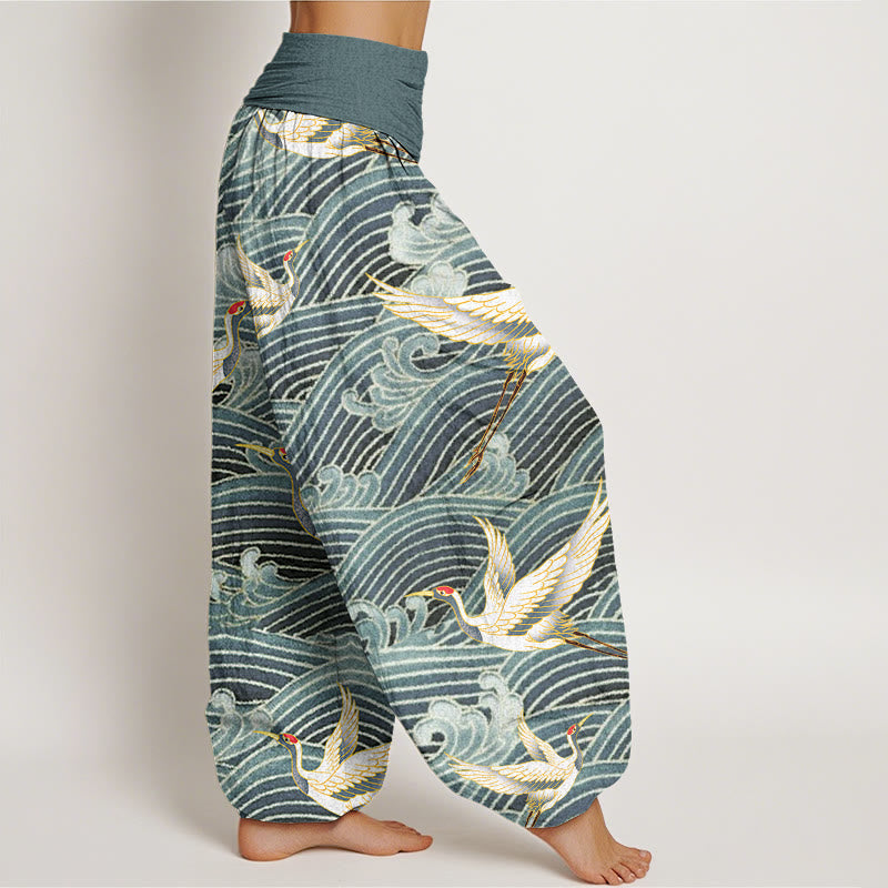 Pantalón tipo harem de mujer con cintura elástica, estampado informal de grullas y olas del océano, de algodón con Buddha Stones. - image 6