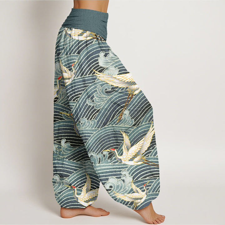 Pantalón tipo harem de mujer con cintura elástica, estampado informal de grullas y olas del océano, de algodón con Buddha Stones. - image 6