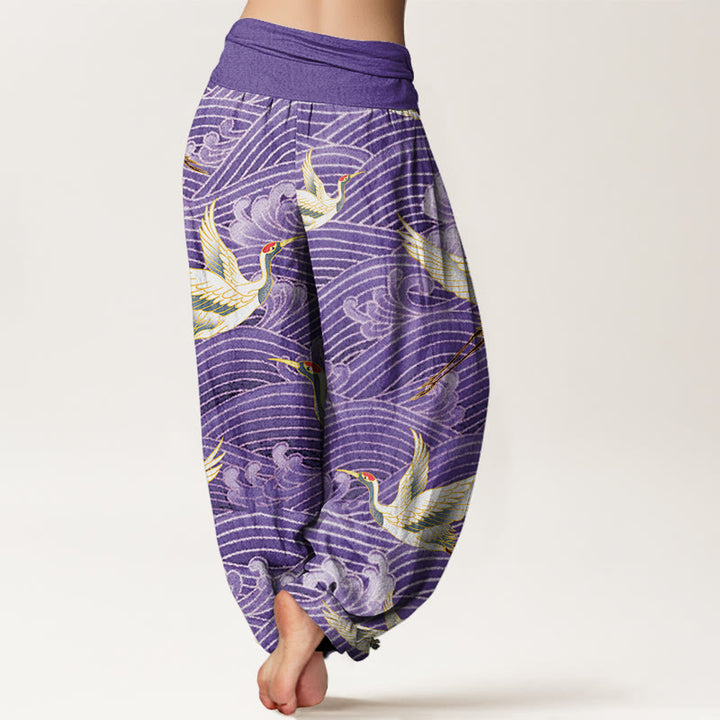 Pantalón tipo harem de mujer con cintura elástica, estampado informal de grullas y olas del océano, de algodón con Buddha Stones. - image 8