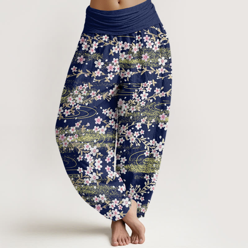 Pantalones harén con cintura elástica para mujer, informales, con estampado de flores de cerezo y agua de Buddha Stones - Azul medianoche - US22，UK/AU26，EU54 (6XL) - image 1
