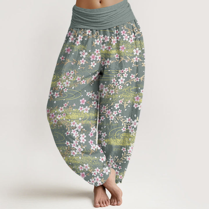Pantalones harén con cintura elástica para mujer, informales, con estampado de flores de cerezo y agua de Buddha Stones - Aguamarina mediana - US22，UK/AU26，EU54 (6XL) - image 5