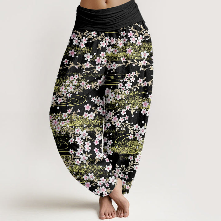 Pantalones harén con cintura elástica para mujer, informales, con estampado de flores de cerezo y agua de Buddha Stones - Negro - US22，UK/AU26，EU54 (6XL) - image 8