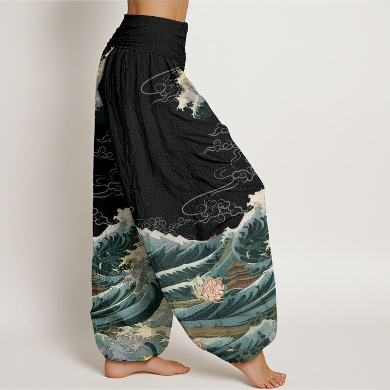 Pantalones harén con cintura elástica para mujer, con estampado de loto floreciente y Buddha Stones - image 2