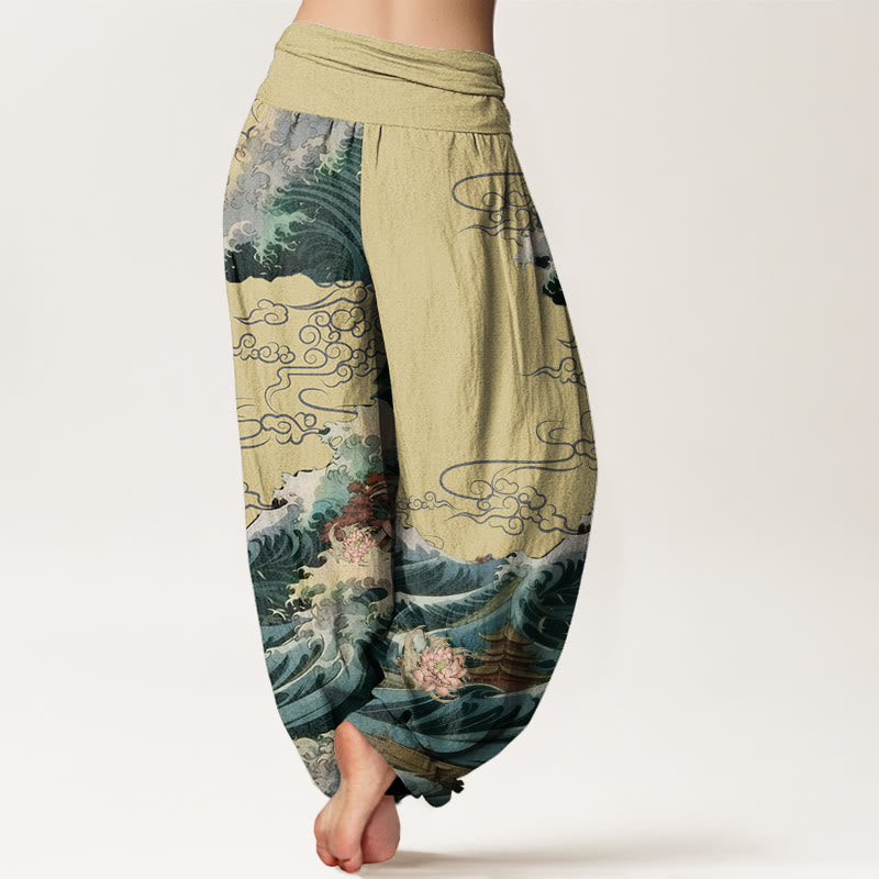 Pantalones bombachos de cintura elástica para mujer, de Buddha Stones , estilo informal, con estampado de loto floreciente y olas. - image 5