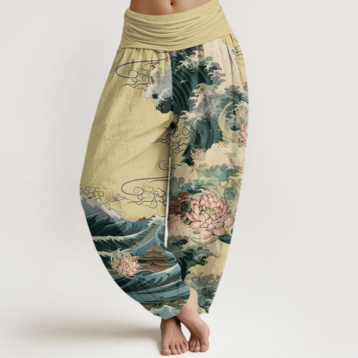 Pantalones harén con cintura elástica para mujer, con estampado de loto floreciente y Buddha Stones - Caqui - US22，UK/AU26，EU54 (6XL) - image 4