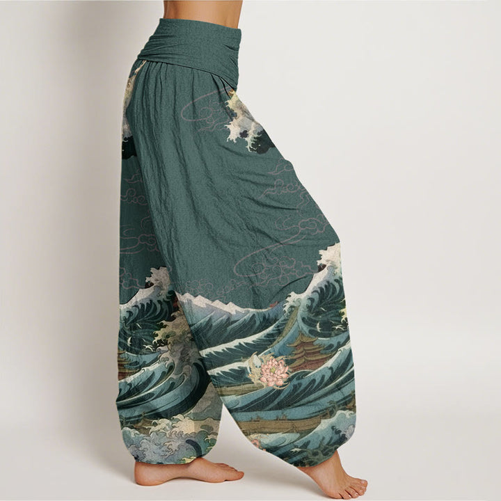 Pantalones bombachos de cintura elástica para mujer, de Buddha Stones , estilo informal, con estampado de loto floreciente y olas. - image 9
