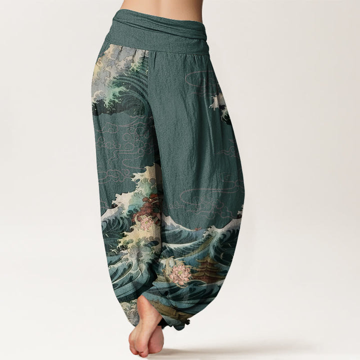 Pantalones bombachos de cintura elástica para mujer, de Buddha Stones , estilo informal, con estampado de loto floreciente y olas. - image 8