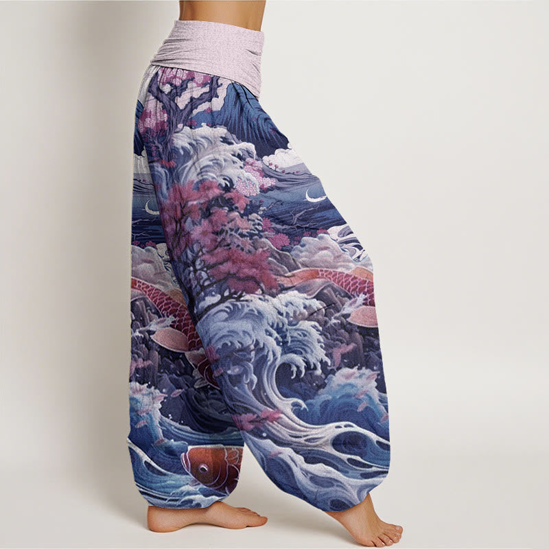 Pantalón tipo harem de cintura elástica para mujer, de Buddha Stones , estilo casual, con estampado de árboles en flor, peces koi, olas y montañas. - image 6