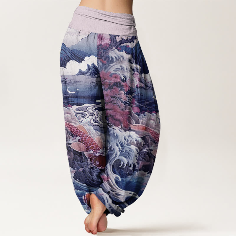 Pantalón tipo harem de cintura elástica para mujer, de Buddha Stones , estilo casual, con estampado de árboles en flor, peces koi, olas y montañas. - image 5