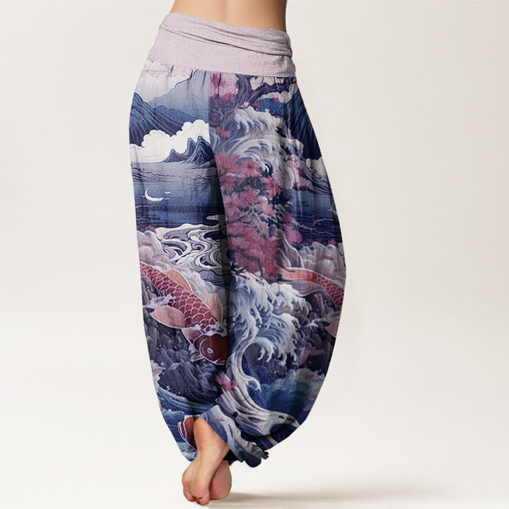 Pantalón tipo harem de cintura elástica para mujer, de Buddha Stones , estilo casual, con estampado de árboles en flor, peces koi, olas y montañas. - image 5