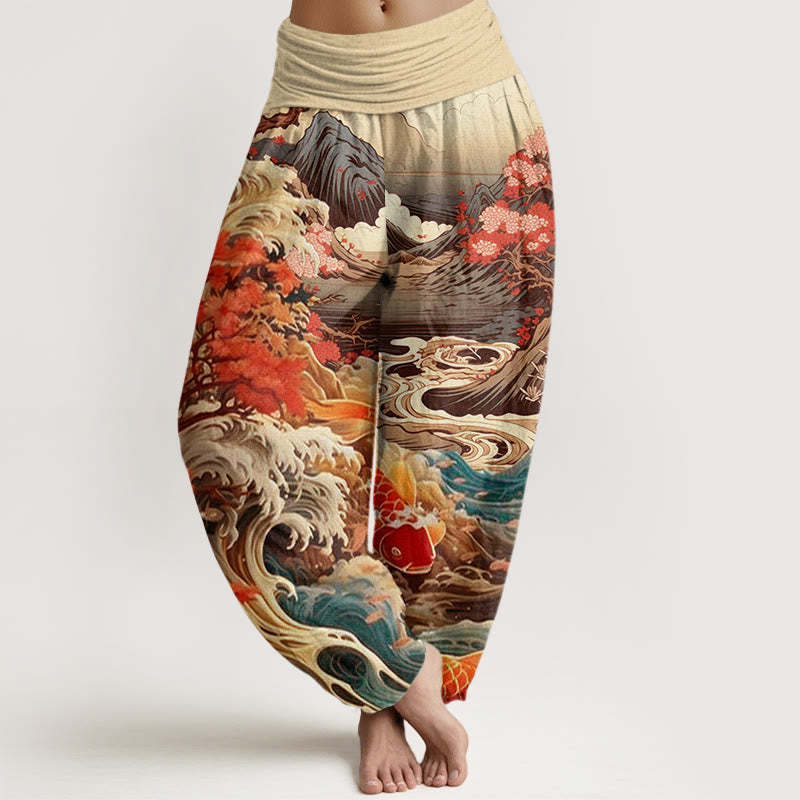 Pantalón tipo harem de cintura elástica para mujer, de Buddha Stones , estilo casual, con estampado de árboles en flor, peces koi, olas y montañas. - vara de oro pálida - US22，UK/AU26，EU54 (6XL) - image 7
