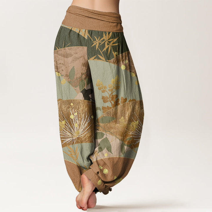 Pantalones bombachos de cintura elástica para mujer con estampado de hojas semicirculares y Buddha Stones en algodón. - image 1