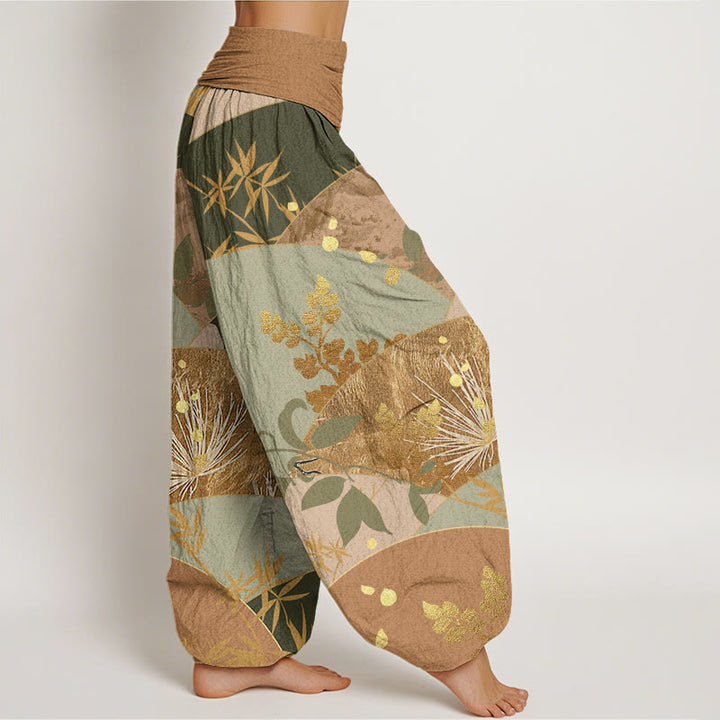 Pantalones bombachos de cintura elástica para mujer con estampado de hojas semicirculares y Buddha Stones en algodón. - image 2