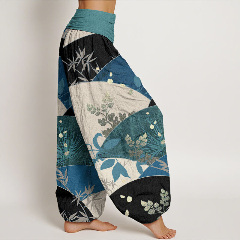 Pantalones bombachos de cintura elástica para mujer con estampado de hojas semicirculares y Buddha Stones en algodón. - image 6