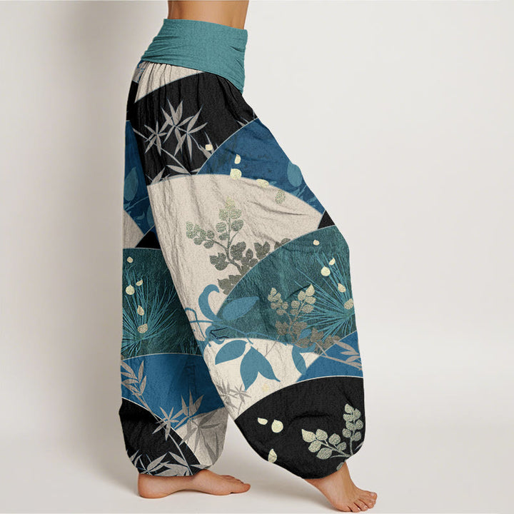 Pantalones bombachos de cintura elástica para mujer con estampado de hojas semicirculares y Buddha Stones en algodón. - image 6