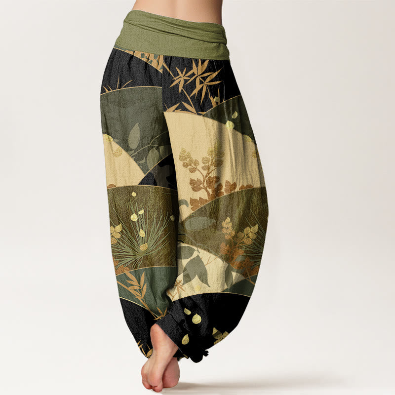 Pantalones bombachos de cintura elástica para mujer con estampado de hojas semicirculares y Buddha Stones en algodón. - image 8