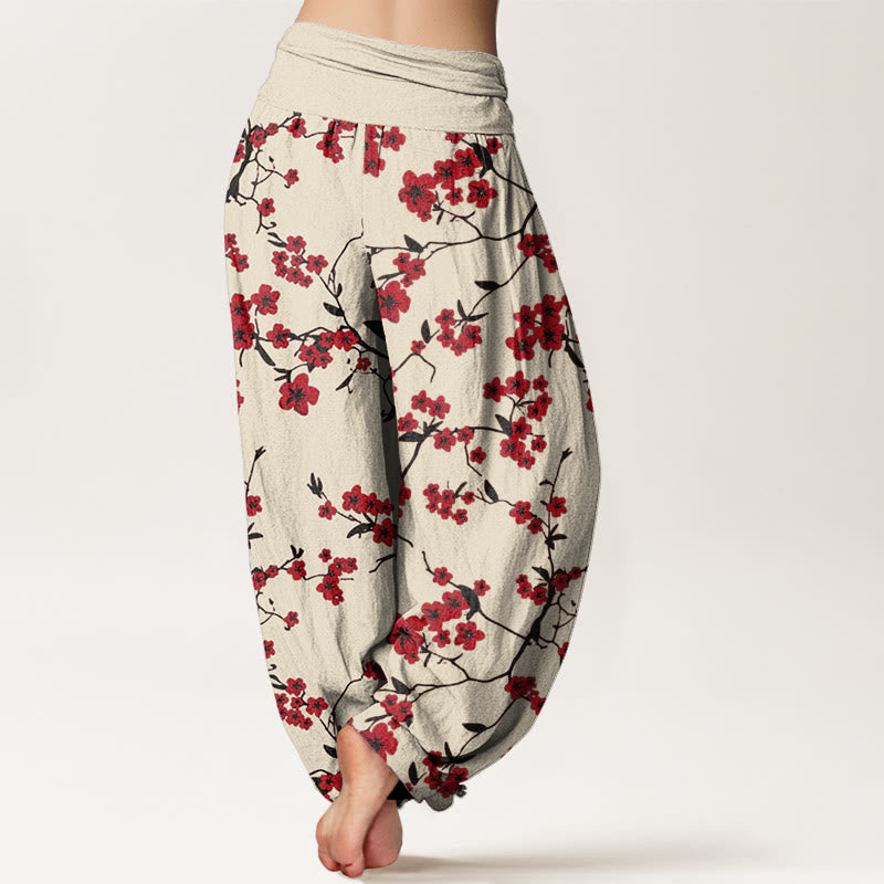 Pantalones bombachos de cintura elástica para mujer con estampado de flores de melocotón rojas y Buddha Stones en algodón. - image 1