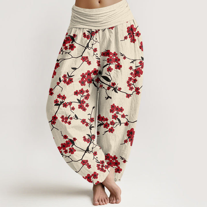 Pantalones bombachos de cintura elástica para mujer con estampado de flores de melocotón rojas y Buddha Stones en algodón. - Amarillo dorado claro - US22，UK/AU26，EU54 (6XL) - image 0