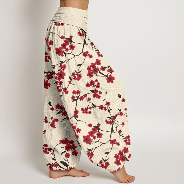 Pantalones bombachos de cintura elástica para mujer con estampado de flores de melocotón rojas y Buddha Stones en algodón. - image 2