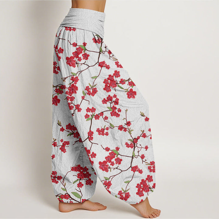 Pantalones bombachos de cintura elástica para mujer con estampado de flores de melocotón rojas y Buddha Stones en algodón. - image 6