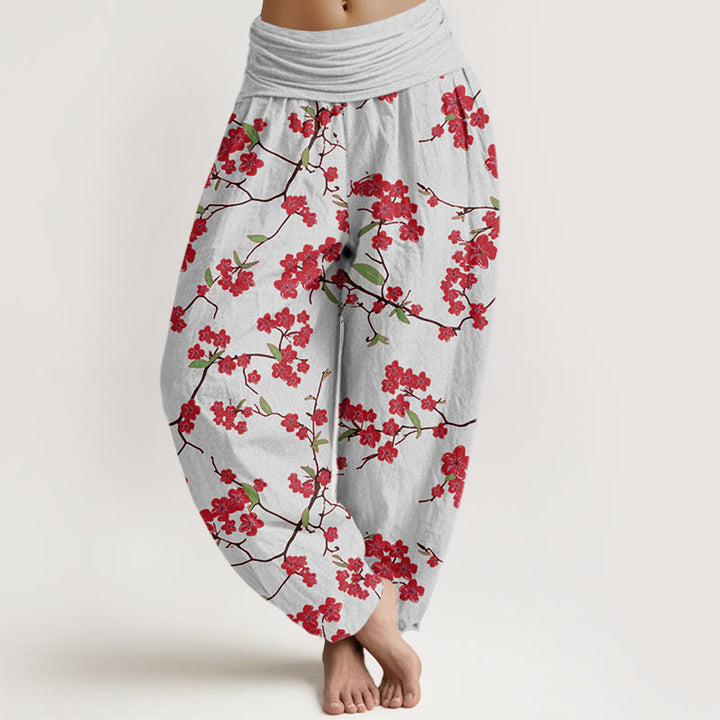 Pantalones bombachos de cintura elástica para mujer con estampado de flores de melocotón rojas y Buddha Stones en algodón. - Gainsboro - US22，UK/AU26，EU54 (6XL) - image 4