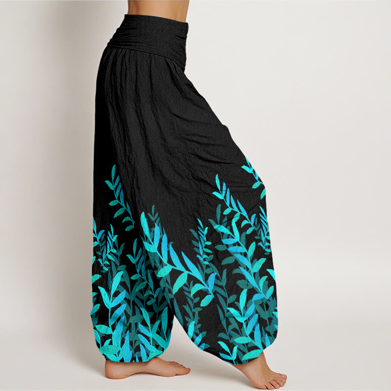 Pantalones bombachos de mujer con cintura elástica, estampado de hojas y estampado casual de hojas de algodón con Buddha Stones. - image 2