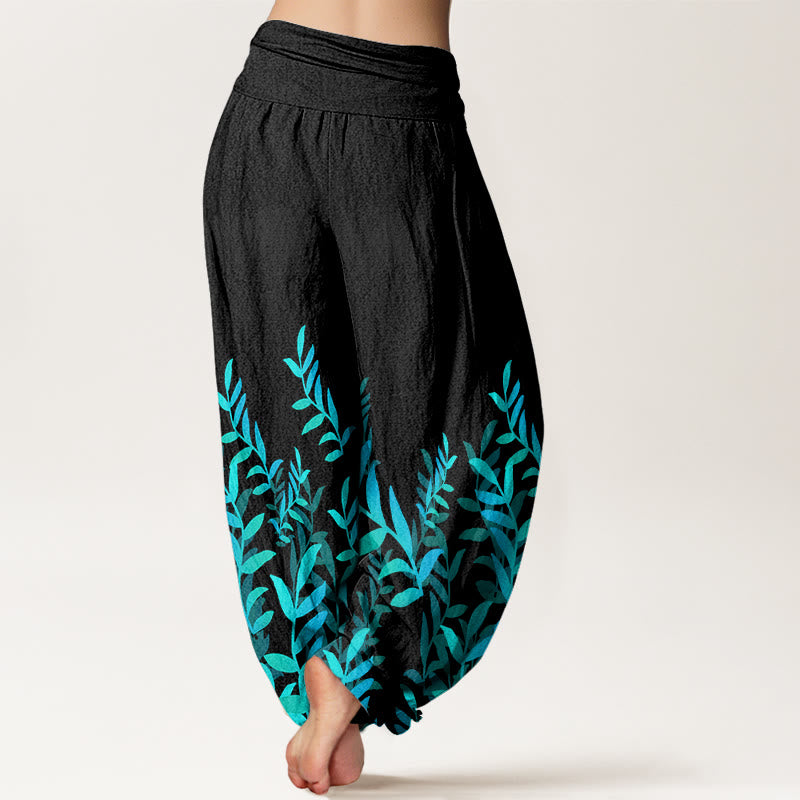 Pantalones bombachos de mujer con cintura elástica, estampado de hojas y estampado casual de hojas de algodón con Buddha Stones. - image 1