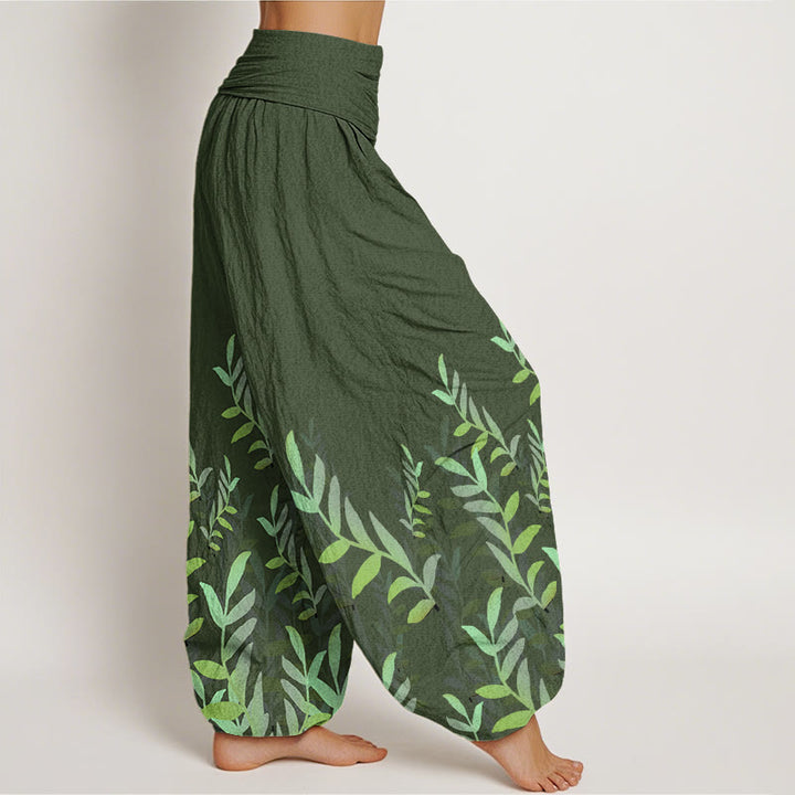 Pantalones bombachos de mujer con cintura elástica, estampado de hojas y estampado casual de hojas de algodón con Buddha Stones. - image 6