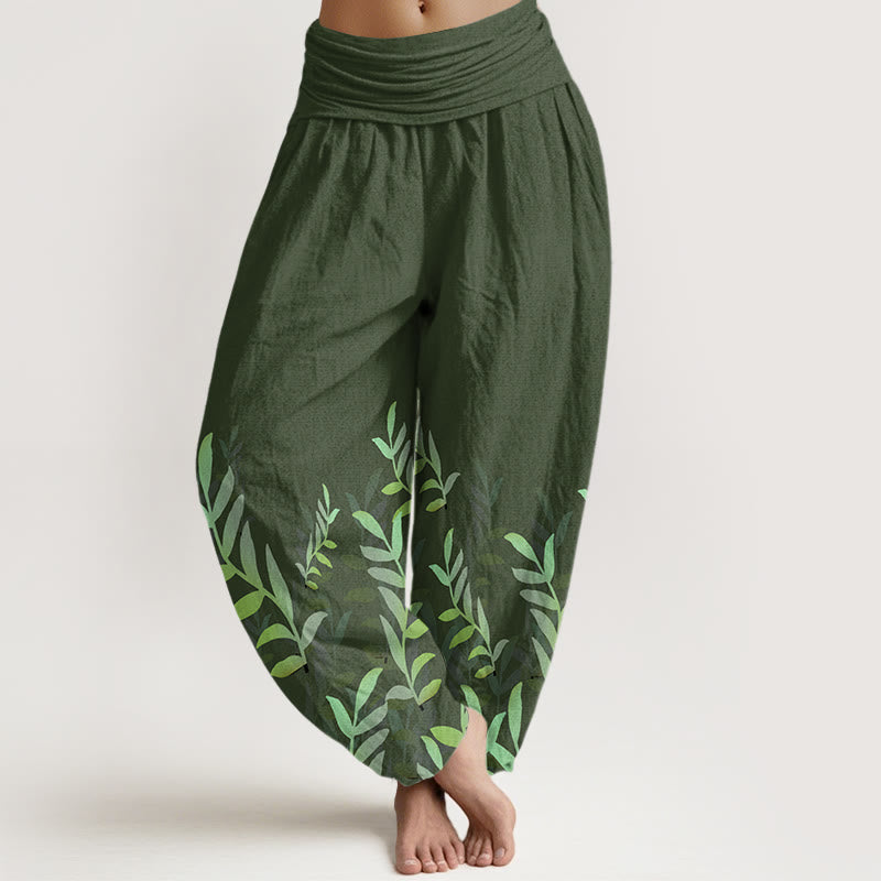 Pantalones bombachos de mujer con cintura elástica, estampado de hojas y estampado casual de hojas de algodón con Buddha Stones. - Verde bosque - US22，UK/AU26，EU54 (6XL) - image 4
