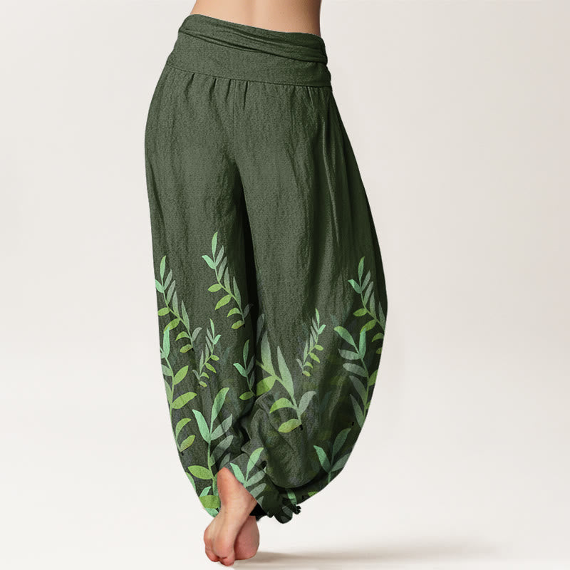 Pantalones bombachos de mujer con cintura elástica, estampado de hojas y estampado casual de hojas de algodón con Buddha Stones. - image 5