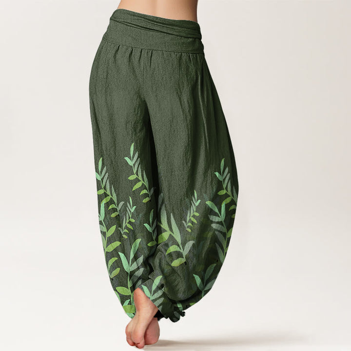 Pantalones bombachos de mujer con cintura elástica, estampado de hojas y estampado casual de hojas de algodón con Buddha Stones. - image 5