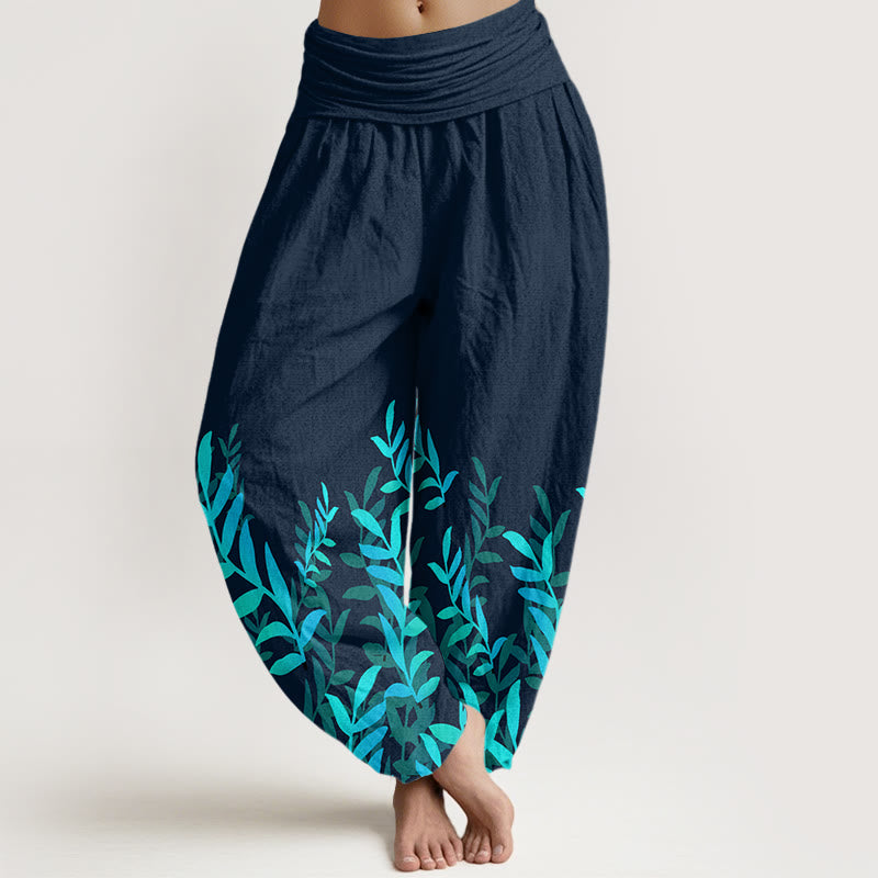 Pantalones bombachos de mujer con cintura elástica, estampado de hojas y estampado casual de hojas de algodón con Buddha Stones. - Gris pizarra oscuro - US22，UK/AU26，EU54 (6XL) - image 7