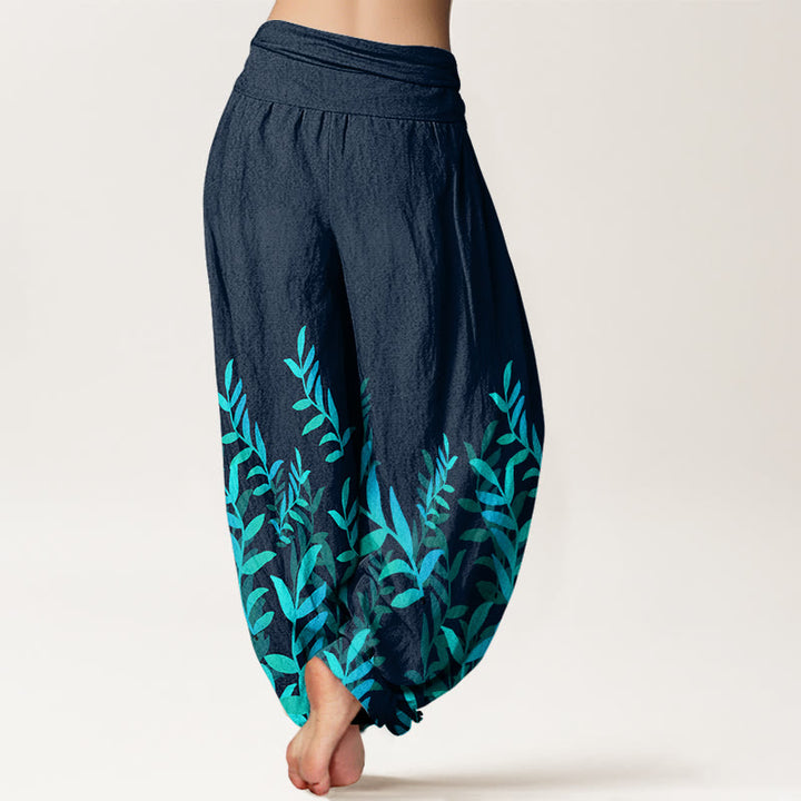 Pantalones bombachos de mujer con cintura elástica, estampado de hojas y estampado casual de hojas de algodón con Buddha Stones. - image 8