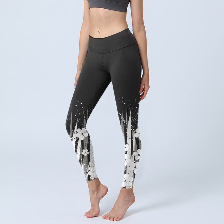 Leggings de yoga para mujer con estampado de plantas acuáticas y flores blancas de Buddha Stones - Negro - US18，UK/AU22，EU50 (4XL) - image 1