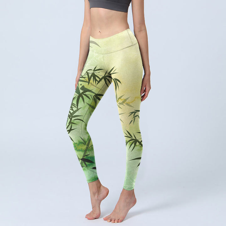 Leggings de yoga para mujer con estampado de Buddha Stones y bambú floreciente - Verde amarillento - US18，UK/AU22，EU50 (4XL) - image 0