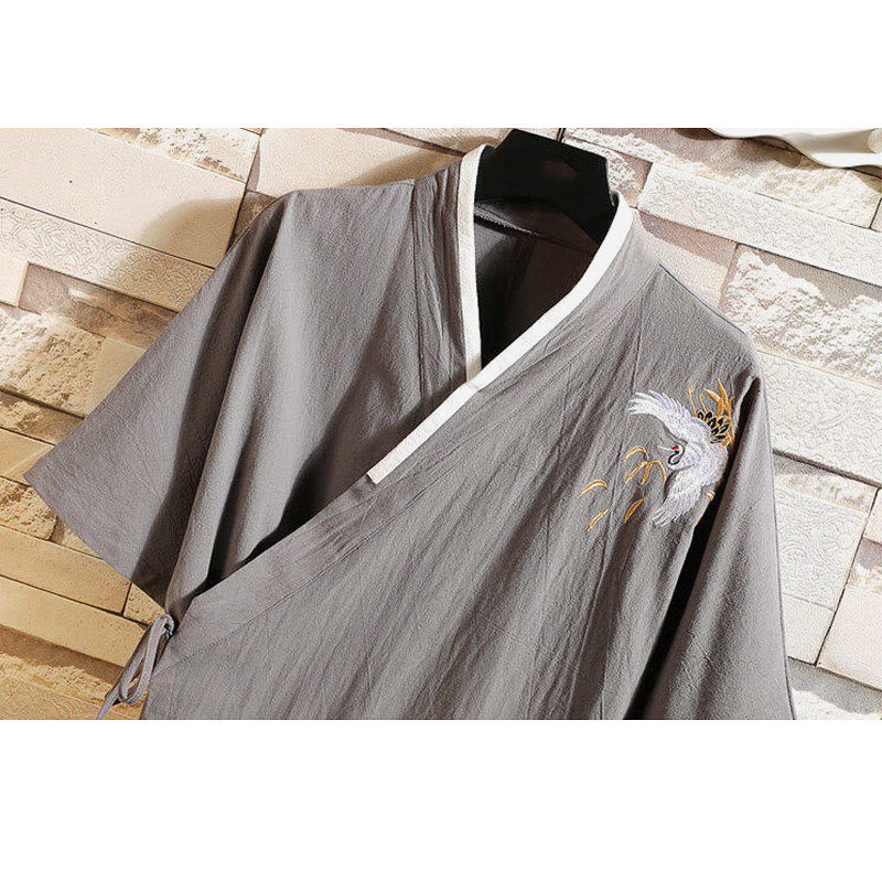 Camiseta de manga corta de lino y algodón para hombre con traje Tang con bordado de grulla y Buddha Stones , con cordones laterales - image 11