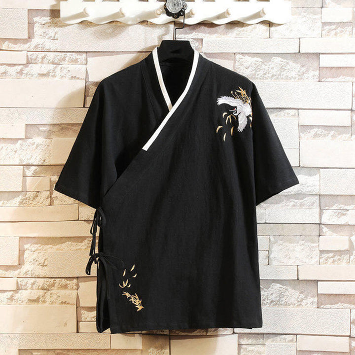 Camiseta de manga corta de lino y algodón para hombre con traje Tang con bordado de grulla y Buddha Stones , con cordones laterales - Negro - US/UK/AU46, EU56 (5XL) - image 0