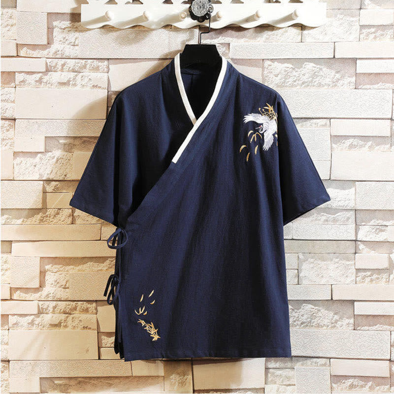 Camiseta de manga corta de lino y algodón para hombre con traje Tang con bordado de grulla y Buddha Stones , con cordones laterales - Azul medianoche - US/UK/AU46, EU56 (5XL) - image 13