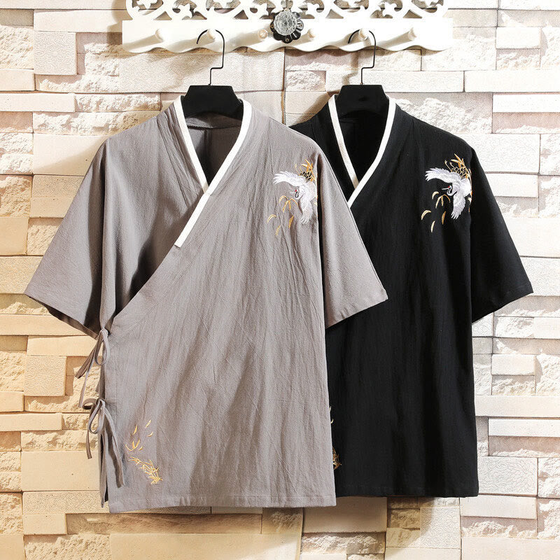 Camiseta de manga corta de lino y algodón para hombre con traje Tang con bordado de grulla y Buddha Stones , con cordones laterales - image 12