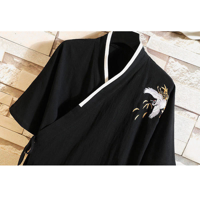 Camiseta de manga corta de lino y algodón para hombre con traje Tang con bordado de grulla y Buddha Stones , con cordones laterales - image 2