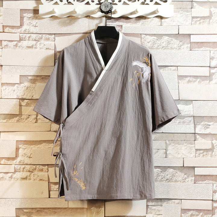 Camiseta de manga corta de lino y algodón para hombre con traje Tang con bordado de grulla y Buddha Stones , con cordones laterales - Plata - US/UK/AU46, EU56 (5XL) - image 10