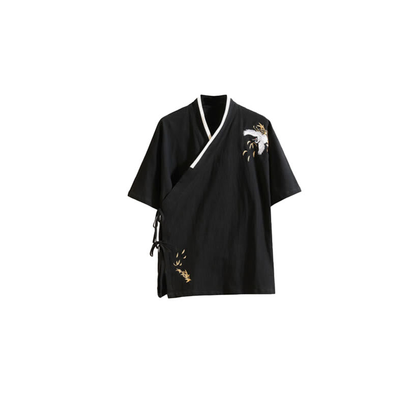 Camiseta de manga corta de lino y algodón para hombre con traje Tang con bordado de grulla y Buddha Stones , con cordones laterales - image 9